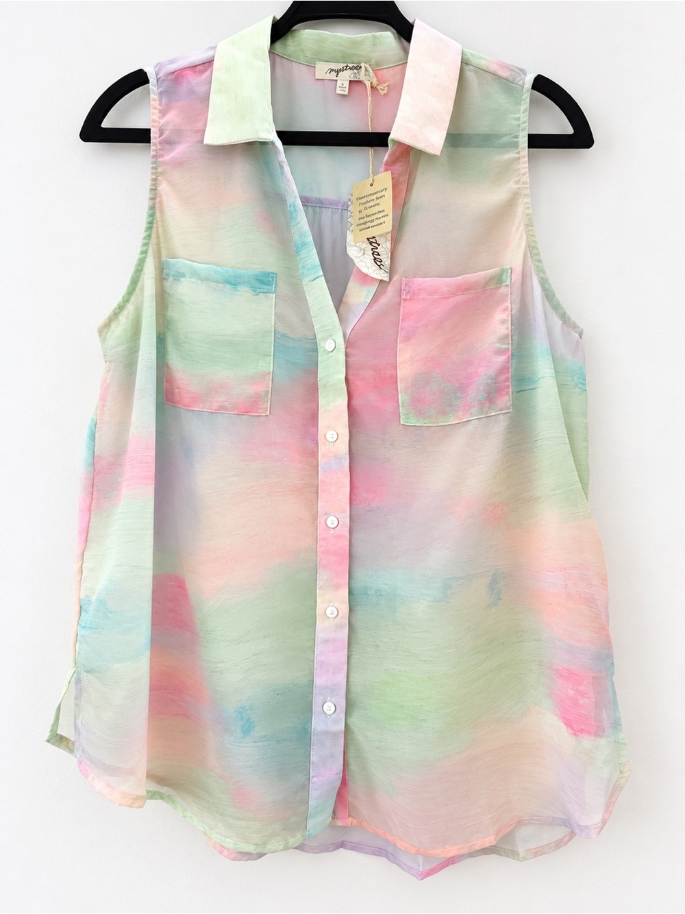 Mystree Sleeveless Pastel Tie-Dye Button Front Blouse - Pink, Green, Blue